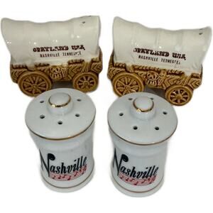 Vintage 2 Sets Opryland USA Wagons & Nashville Jar Salt & Pepper Shakers Ceramic